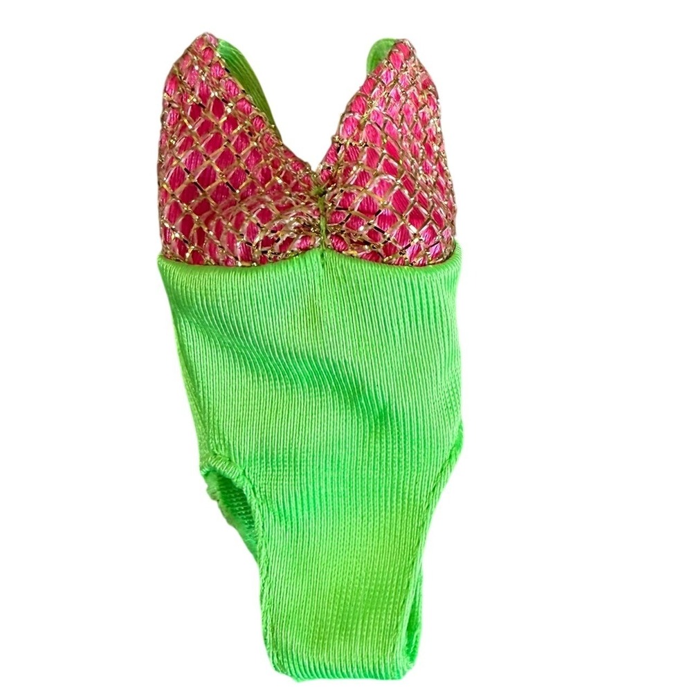 Vintage Mattel Barbie Neon Green Hot Pink Gold Metallic Swimsuit One Piece 90s